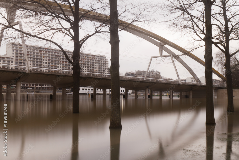 Fototapeta premium 27 JAN 2018 - PARIS - FRANCE - River Seine Floods and bursts its banks in Andre Citroen Park