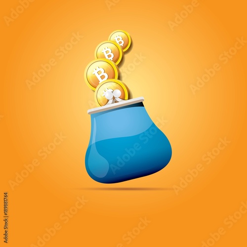 vector blue bitcoin wallet with coins isolated on orange background. bitcoin business concept
