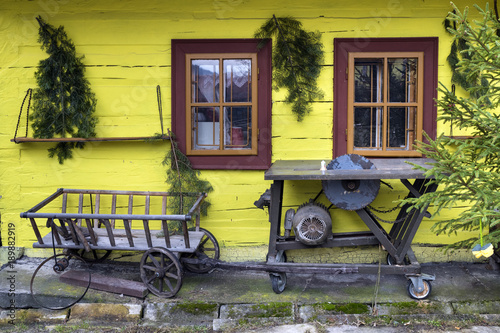 Wooden, rustic window in old cottage, Vlkolinec, Slovakia photo