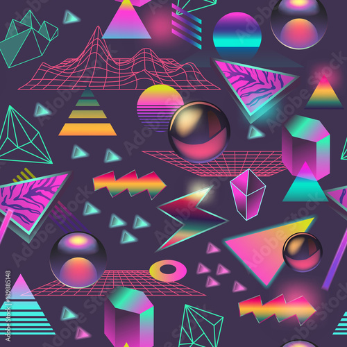 Synth Wave Seamless Pattern. Futuristic Background with Neon Glowing Geometric Elements. Holographic Design for Posters, Banners, Fabric. Vector illustration