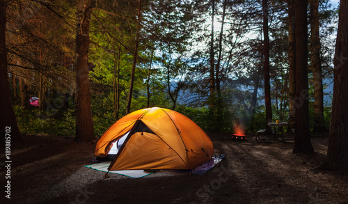 Illuminated tent on a camp site in the forrest at night