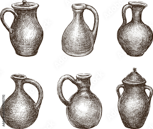 Set of different clay jugs