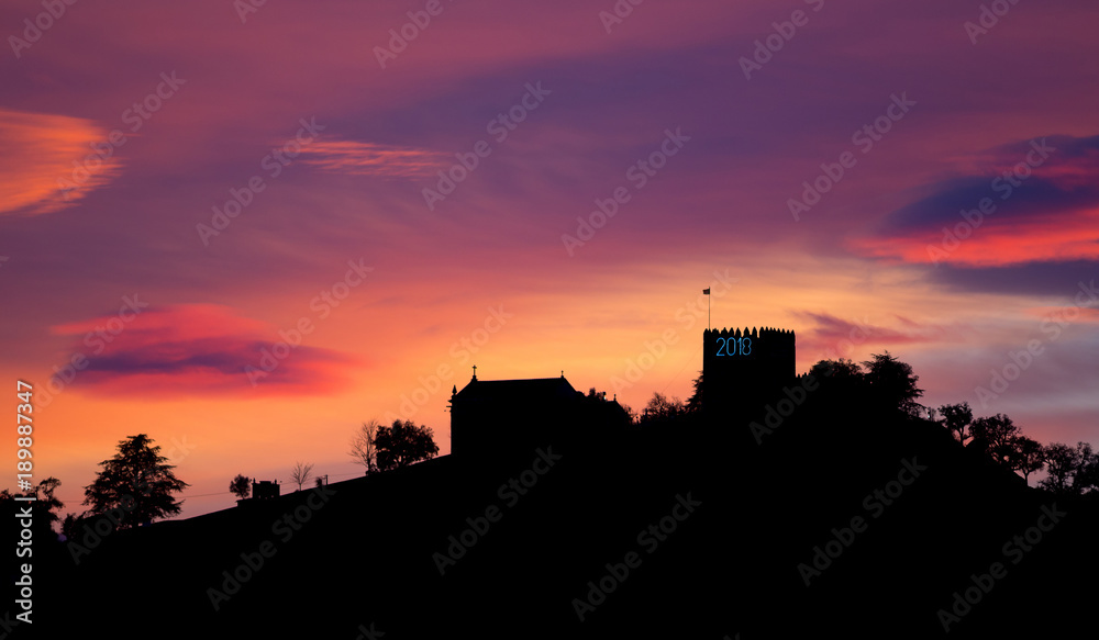 Lanhoso Castle Silhouette at Sunset, Povoa de Lanhoso, Braga, Portugal.