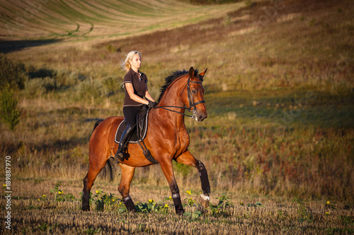 Young woman riding brown horse