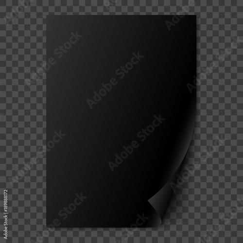 Vector black glossy realistic paper page with curled corner.