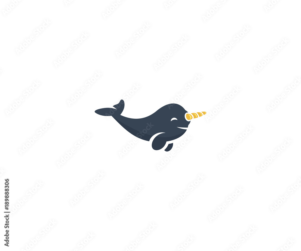 Obraz premium Szablon logo wieloryba narwala. Projekt wektor zwierzę morskie życie. Ilustracja kreskówka narwala