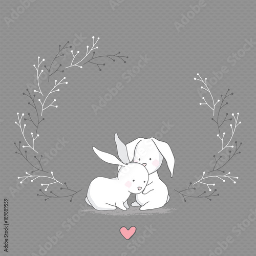 Vector Greeting Card. Cute Hugging Rabbit with Heart. Gray seamless patterns are included