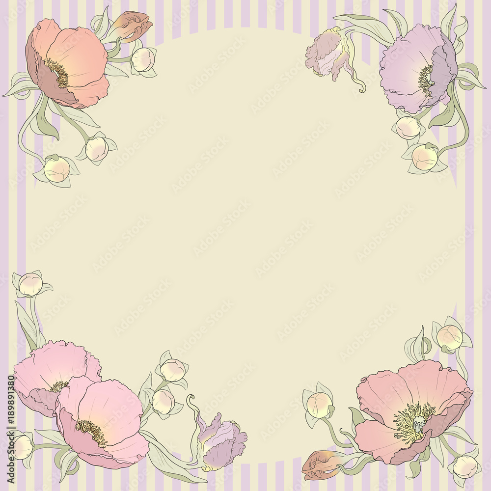 cream rounded backdrop for lettering surrounded by poppies on a pink and cream striped background 