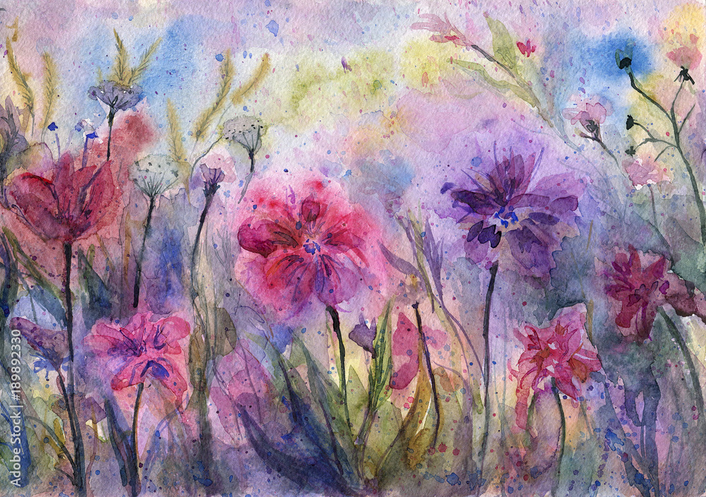 Obraz Fioletowe kwiaty i zioła. Streszczenie fioletowa łąka. Malowanie emocjonalne. Akwarela kompozycji