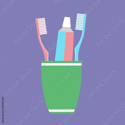 vector illustration toothpaste and toothbrushes in a glass