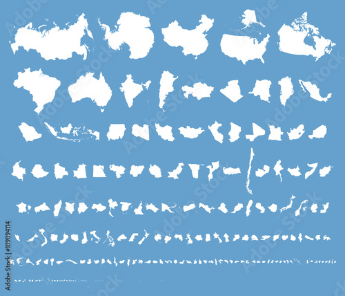 Comparative map of 200+ countries and territories on equal scale. The real size of countries. The true size of over 200 countries and areas on blue background. True size of countries silhouette map.