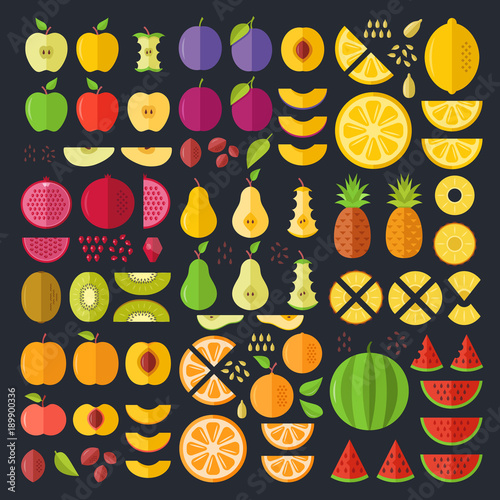 Fruits flat icons set. Colorful flat design graphic elements, illustrations collection for web sites, mobile apps, web banners, infographics, printed materials. Vector icons