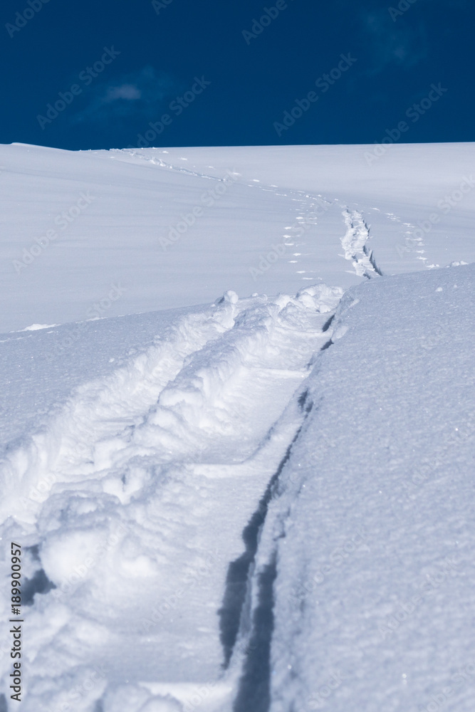 A single skier touring track imprint in new powder snow