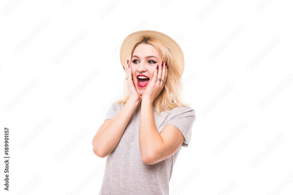 Woman shocked looking to the side copy space. Surprised summer woman wearing beach hat on white background. Woman shocked looking to the side copy space. Surprised summer woman wearing beach hat on white background.