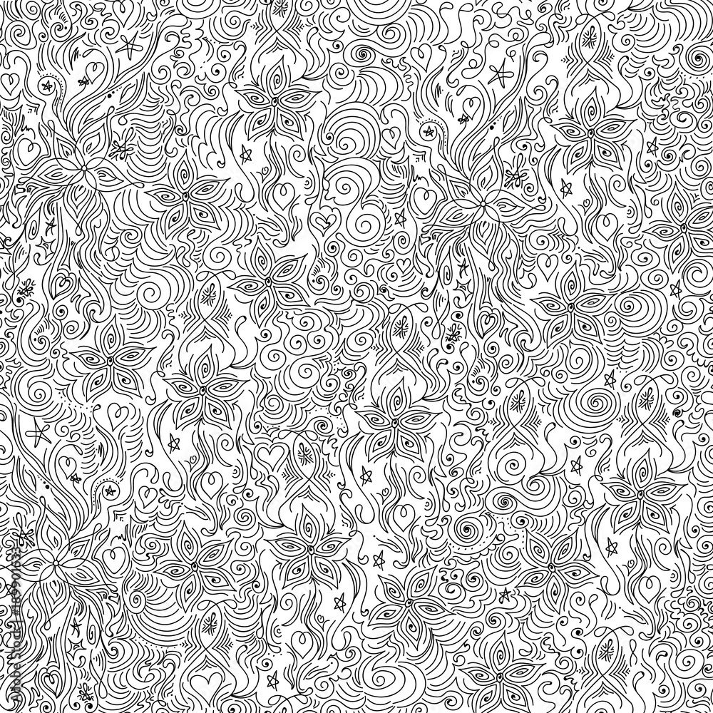 Beautiful decorative vector endless texture with handwritten curling lines, figured lacy shapes and flowers