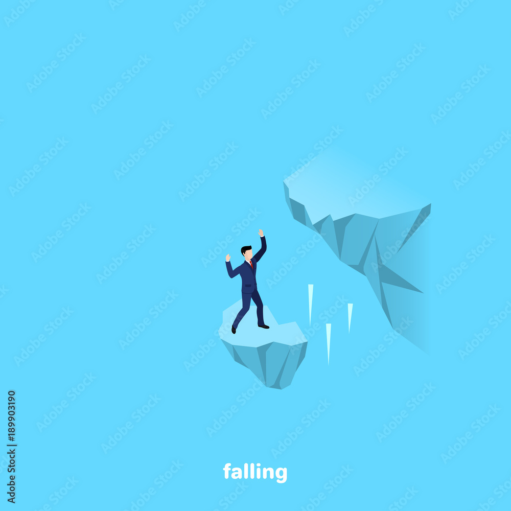 a crumbling piece of rock and a man in a business suit, an isometric image a crumbling piece of rock and a man in a business suit, an isometric image