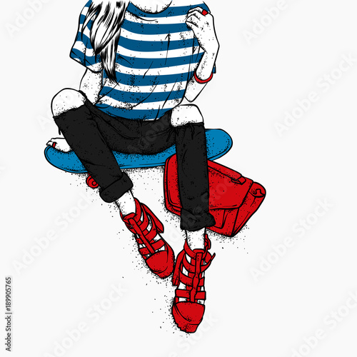 A stylish girl in high-heeled shoes, jeans and a fashion bag sits on a skateboard. Vector illustration. Fashion, style, clothing and accessories.