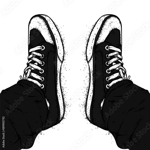 Stylish sneakers and jeans. Vector illustration. Street shoes. A picture for a postcard or a poster, a print on clothes.