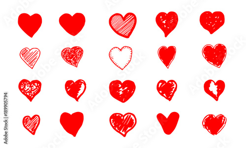 Set of hand drawn red grunge hearts. Vector illustration.