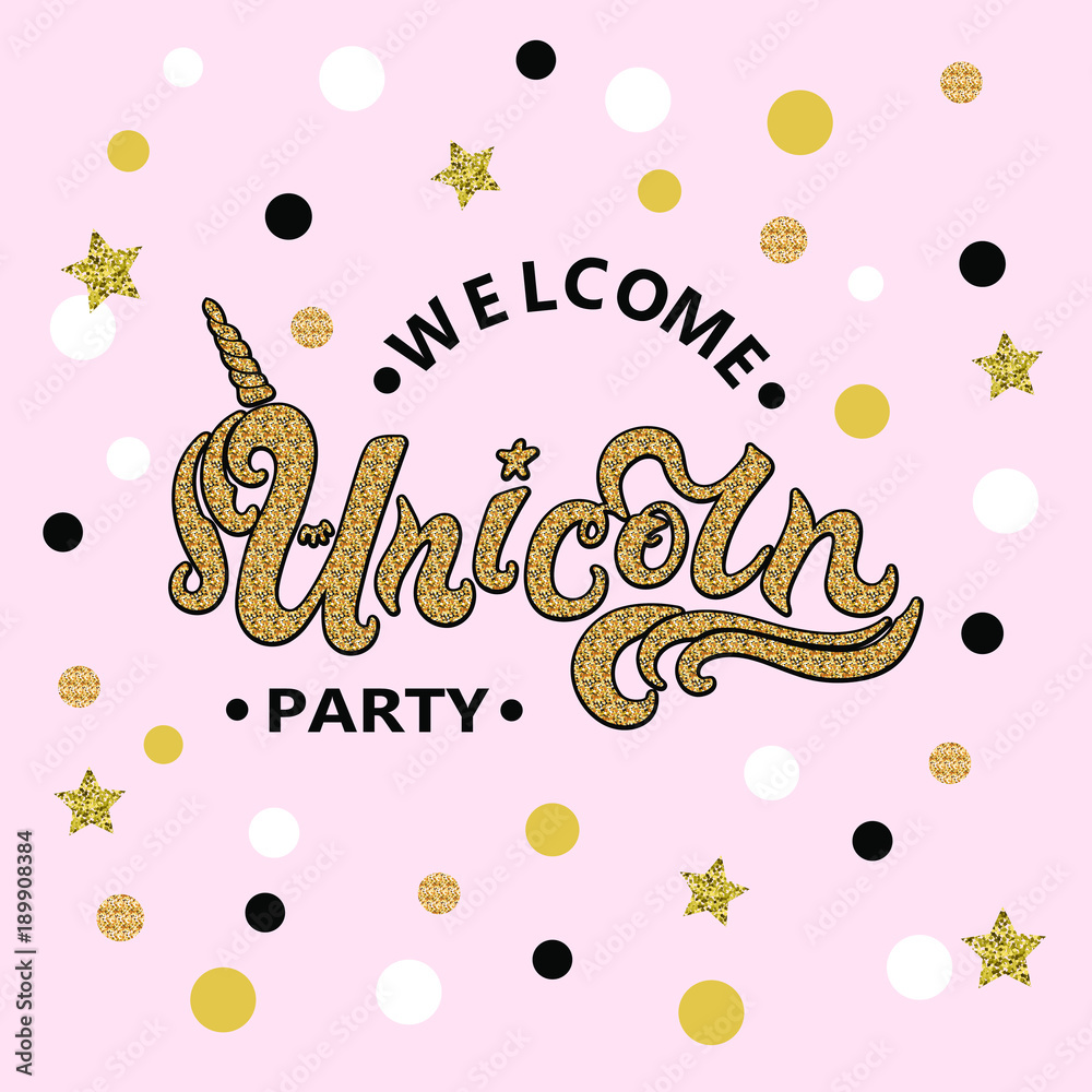 Vector illustration Welcome Unicorn Party text isolated on pink background. Hand drawn Unicorn lettering. Template for party, birthday, invitation, flyers, cover. Vector illustration Welcome Unicorn Party text isolated on pink background. Hand drawn Unicorn lettering. Template for party, birthday, invitation, flyers, cover.