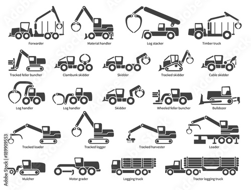 Forestry machinery icons set. Each icon with text label description. Forestry  machine types. Vector silhouette on white background