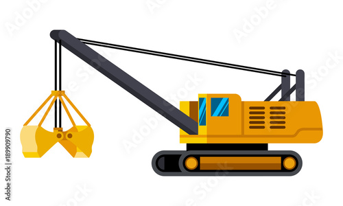 Cable clamshell bucket excavator minimalistic icon isolated. Construction equipment isolated vector. Heavy equipment vehicle. Color icon illustration on white background.