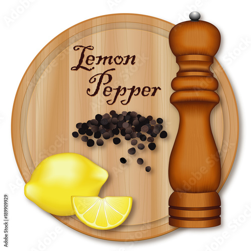 Lemon Pepper, popular seasoning made from lemon zest and cracked peppercorns, dark wood pepper mill, wood cutting board.  