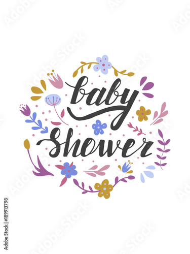 Baby shower invintation card with flowers. Boho vector template with hand painted lettering phrase. photo