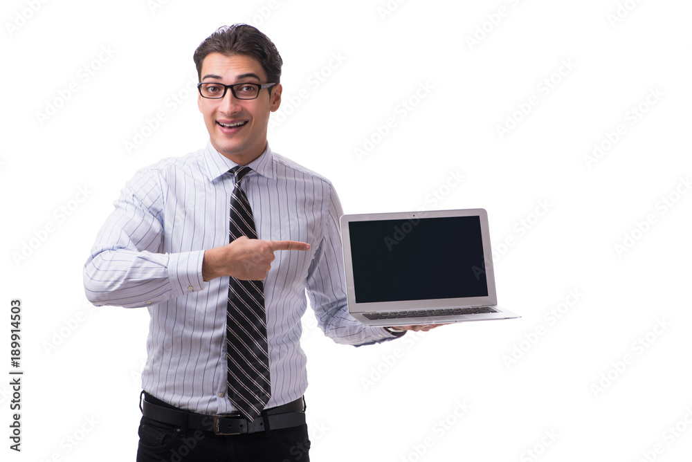 Young businessman with laptop isolated on white background Young businessman with laptop isolated on white background