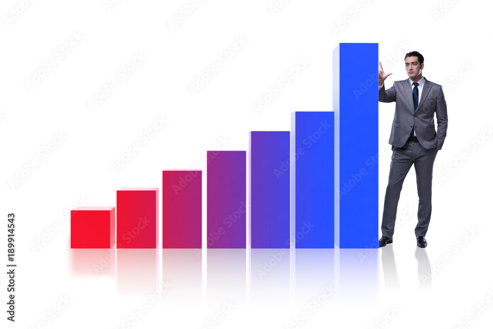 Businessman standing next to bar chart on white background Businessman standing next to bar chart on white background