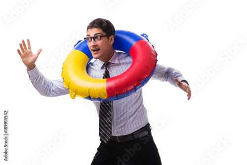 Young businessman with life buoy isolated on white background photo