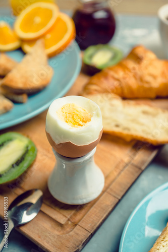 Breakfast table with various food. Selective focus.