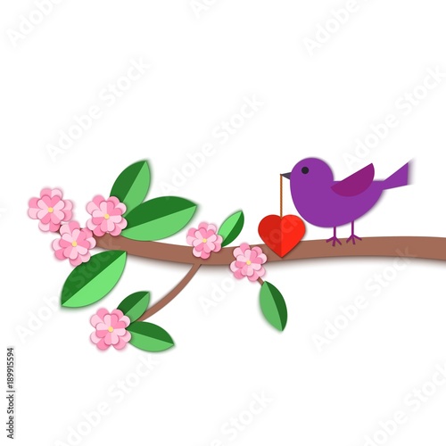 Paper art carve a bird with a heart in its beak on the bloom brunch on white background. Origami papercut concept and Valentine's day idea, vector art illustration. Symbol of love for greeting card.
