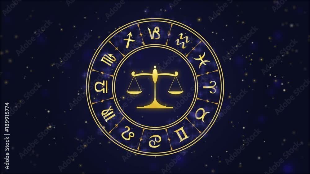 Zodiac sign Libra and horoscope wheel on the dark blue background