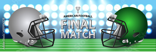 American football final match concept. Silver, green Helmets and football on field with spotlight background. Advertising template for banner, wallpaper, webpage or billboard.