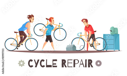 Bicycle Repair Mechanic Cartoon Composition 