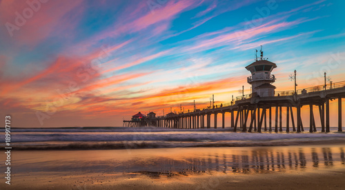 Sunset by the Huntington Beach Pier in California photo