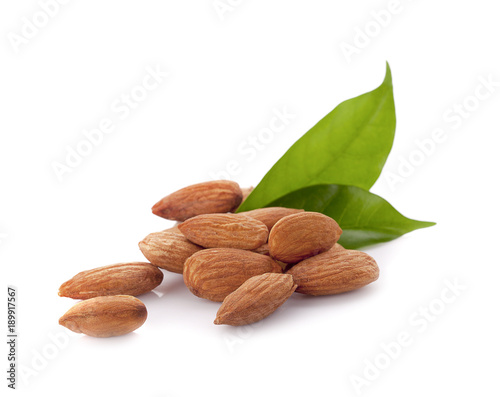 Almonds with leaves isolated on white background. Image with maximum sharpness. Clipping path.