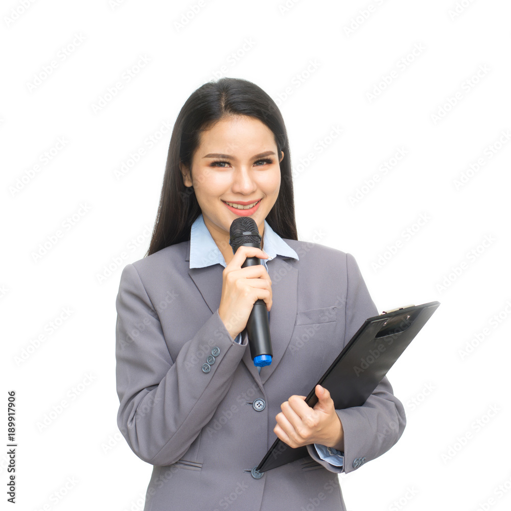 Business woman with a microphone in hand isolated on white background. Business woman with a microphone in hand isolated on white background.