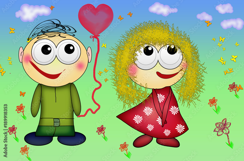 Fototapeta premium Nice couple in love. Valentine's Day romantic people in love.Little boy giving heart shaped balloon to gir