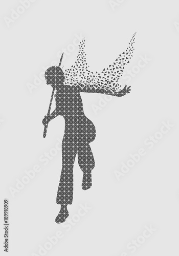 Kung Fu martial art silhouette of woman textured by lines and dots pattern in sword fight pose. Particles emission