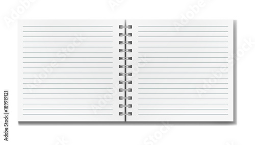 Blank realistic vector open lined square notebook with shadow template. Notepad with blank opened ruled page on metallic spiral, textbook or organizer mockup for your text