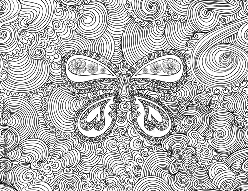 Beautiful floral seamless pattern with handwritten butterfly and curling lines decorative ornament