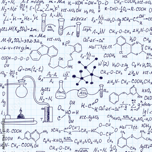 Scientific vector endless texture with chemical formulas, equations, task solutions, handwritten on grid copybook paper