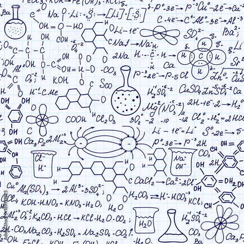 Educational vector seamless pattern with handwritten chemical formulas, equations, calculations, tasks solutions and hand drawn plots, schemes, retort