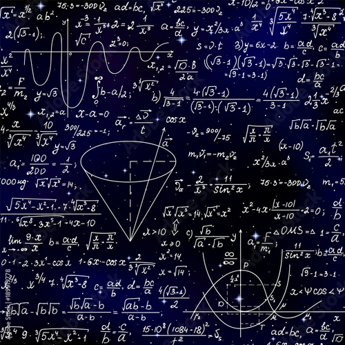 Mathematical vector endless seamless pattern with formulas, figures and calculations handwritten on the background of stars. Scientific space endless texture
