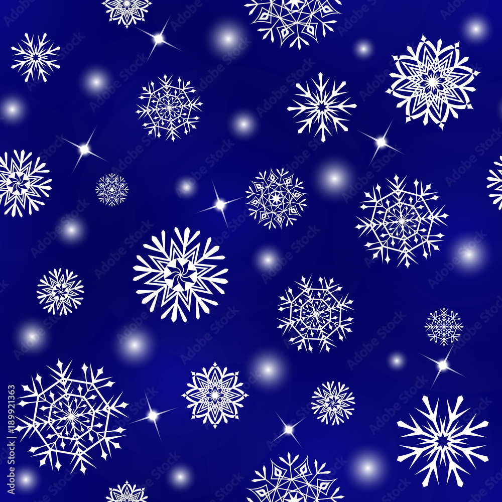 Seamless pattern with white snowflakes & stars on dark blue background Seamless pattern with white snowflakes & stars on dark blue background