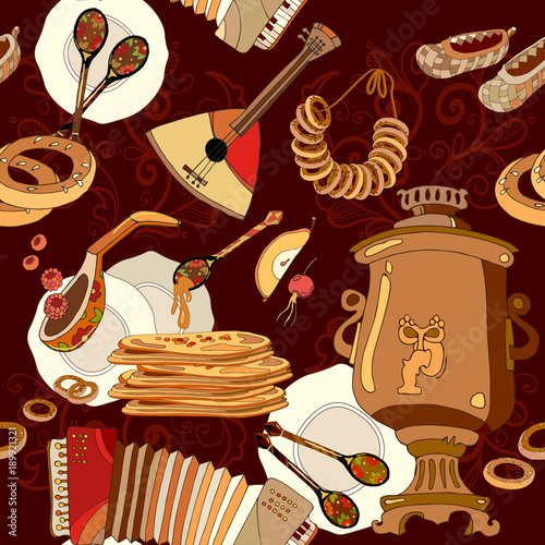 Russian cuisine seamless pattern, pancakes, samovar, balalaika. Russian culture and traditions pattern