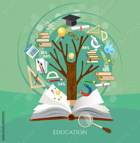 Education, tree of knowledge and open book, effective modern education template design. Back to school vector concept
