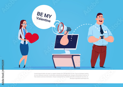 Man Sen Woman Be My Valentine Message Using Social Media Smart Phone And Computer, Blue Background With Copy Space Flat Vector Illustration